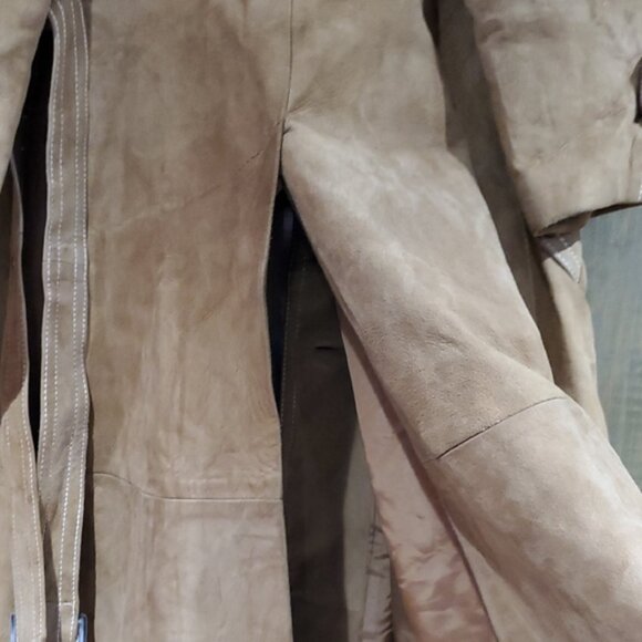 Vintage Tan Caramel Suede Leather Lined Trench Coat 70s 80s Dan Di Modes W Belt - Picture 15 of 16